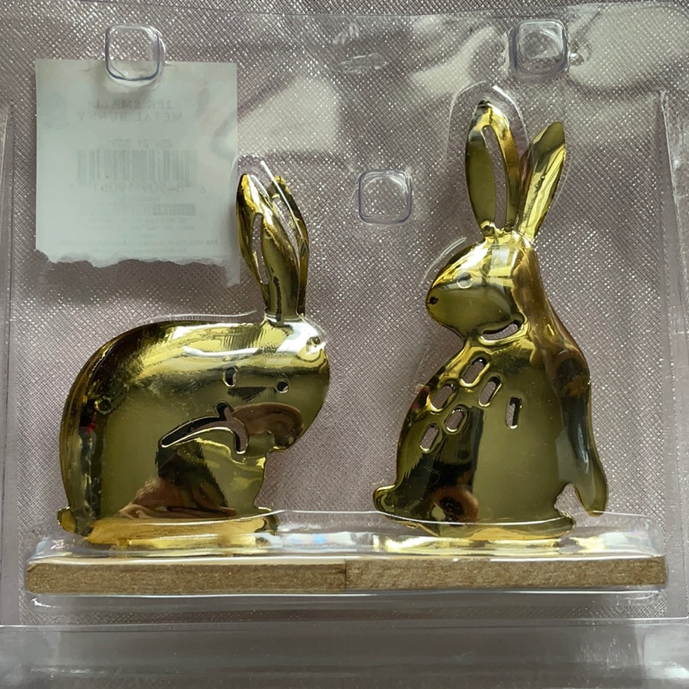 Gold Metal Easter Bunny’s Set of 2 Figurine on Wood Display